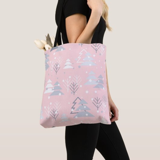 Tote Bag Flammes blanches de Noël Arbres gris rose (De près)