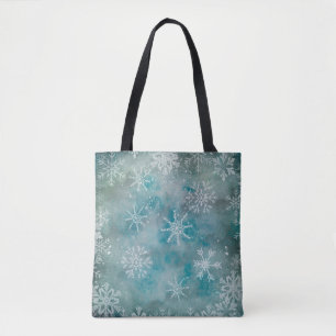 Tote Bag Flammes de neige blanches de Noël sur fond bleu