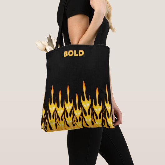 Tote Bag Flammes jaunes orange en gras sur noir (De près)