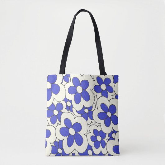 Tote Bag Fleur à main dessinée imprimé bleu blanc (Devant)