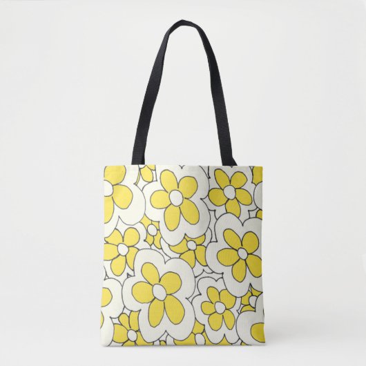 Tote Bag Fleur à main dessinée imprimé jaune blanc (Devant)
