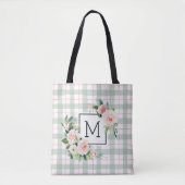 Tote Bag Fleur aquarelle | Monogramme Pastel Plaid (Devant)