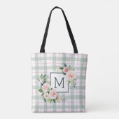 Tote Bag Fleur aquarelle | Monogramme Pastel Plaid (Dos)