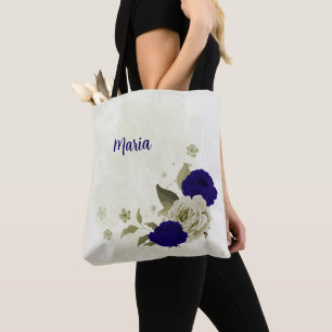 Tote Bag Fleur beige bleu royal