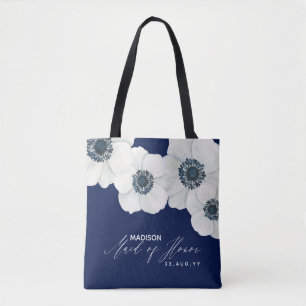 Tote Bag Fleur blanche et bleue marine Maid of Honor
