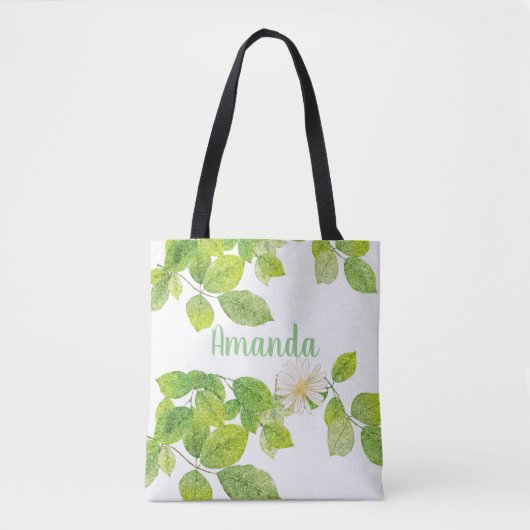 Tote Bag Fleur blanche et jardin Feuille vert (Devant)