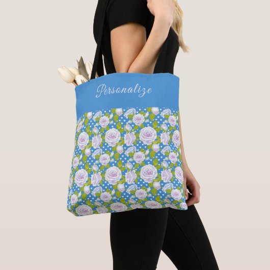 Tote Bag Fleur Bleue Blanche Rose Style Tendance (De près)