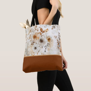 Tote Bag Fleur botanique automnale cosy avec bloc de couleu