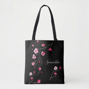 Tote Bag Fleur cerise personnalisée Noir