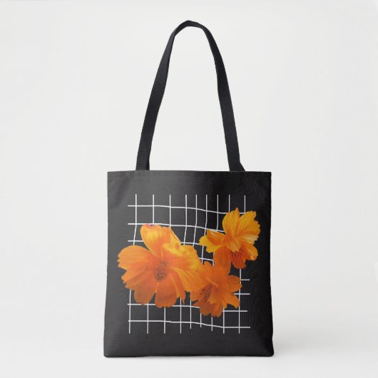 Tote Bag Fleur Cosmos orange sur grille blanche sur noir (Devant)