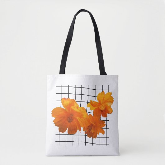 Tote Bag Fleur Cosmos orange sur grille noire sur blanc (Devant)