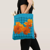 Tote Bag Fleur Cosmos orange sur grille noire sur Turquoise (De près)