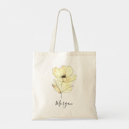 Tote Bag Fleur d'aquarelle jaune, nom du script ou monogram (Dos)