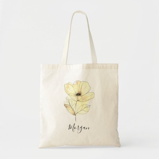 Tote Bag Fleur d'aquarelle jaune, nom du script ou monogram (Devant)