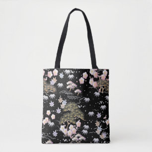 Tote Bag Fleur de cerisier rose noir Élégant motif floral
