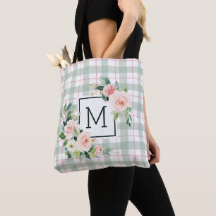 Tote Bag Fleur de lavis   Monogramme à carreaux pastel
