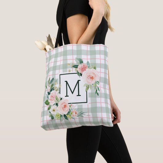 Tote Bag Fleur de lavis | Monogramme à carreaux pastel (De près)