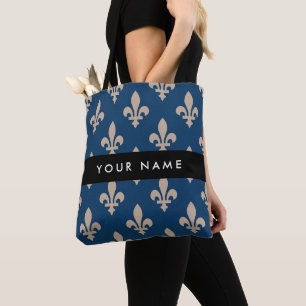 Tote Bag Fleur de Lis, Beige sur Bleu Nuit, Royal, Votre No