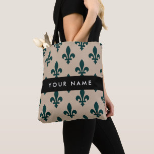 Tote Bag Fleur de Lis, Vert sur Beige, Royal, Votre Nom