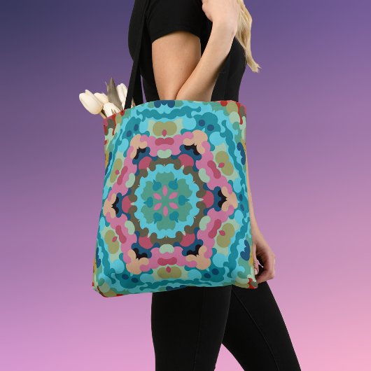 Tote Bag Fleur de Mandala bleu rose et vert