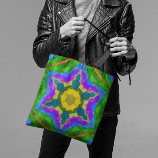 Tote Bag Fleur de Mandala jaune bleu et violet rétro