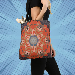 Tote Bag Fleur de Mandala rétro bleu orange et bronze