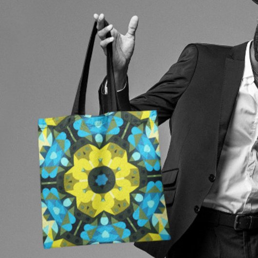 Tote Bag Fleur de Mandala rétro jaune et bleu