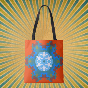 Tote Bag Fleur de Mandala rétro orange blanc et bleu