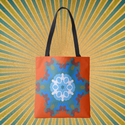 Tote Bag Fleur de Mandala rétro orange blanc et bleu