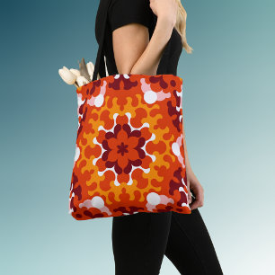 Tote Bag Fleur de Mandala rétro orange blanc et jaune