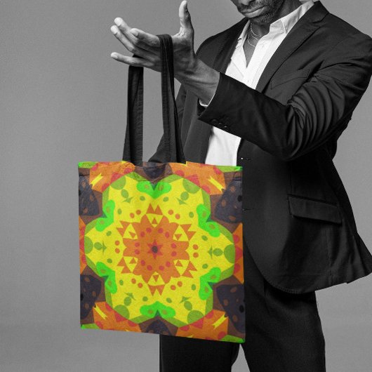 Tote Bag Fleur de Mandala rétro orange jaune et vert