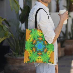 Tote Bag Fleur de Mandala vert jaune et bleu