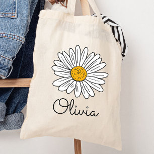 Tote Bag Fleur de marguerite blanche monogrammée