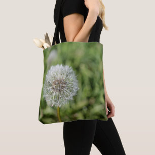 Tote Bag Fleur de pissenlit blanc sur herbe verte