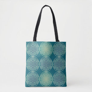 Tote Bag Fleur de Vie - motif de timbre - bleu cyan