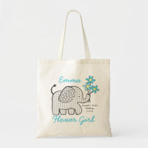 Tote Bag Fleur En vichy Eléphant avec Bouquet Bleu