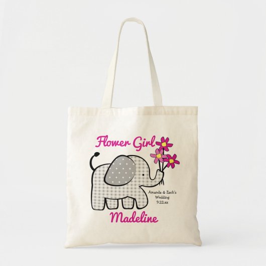 Tote Bag Fleur En vichy Eléphant avec Bouquet rose (Devant)