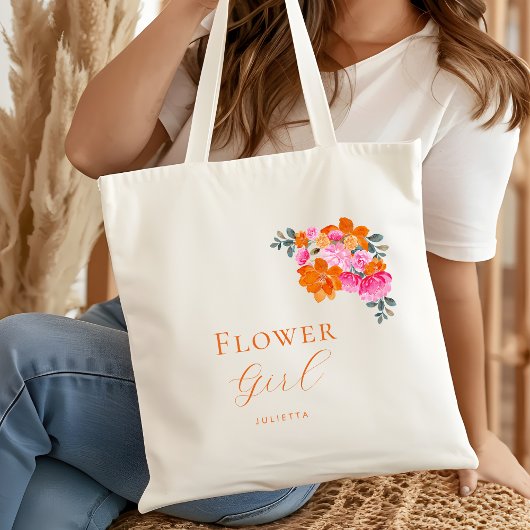 Tote Bag Fleur florale rose vif Fille Nom Mariage