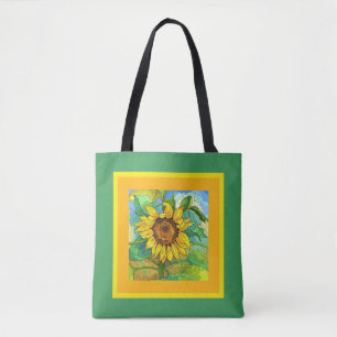 Tote Bag Fleur florale, tournesol jumbo sur jaune/vert