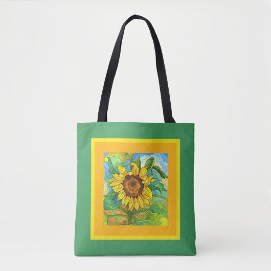 Tote Bag Fleur florale, tournesol jumbo sur jaune/vert (Devant)