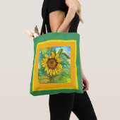 Tote Bag Fleur florale, tournesol jumbo sur jaune/vert (De près)