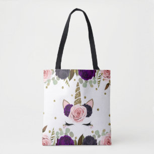 Tote Bag Fleur foncée Glam Or Paillettes Licorne Tendance M