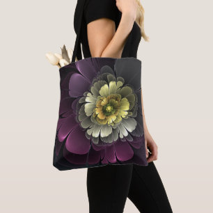 Tote Bag Fleur fractale grise et pourpre moderne abstraite