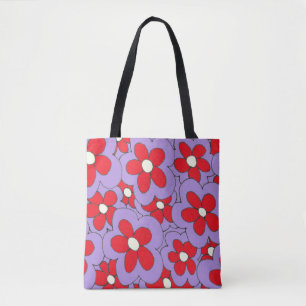 Tote Bag Fleur imprimé à la main rouge violet