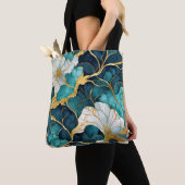Tote Bag Fleur Japonaise Sarcelle Or (De près)