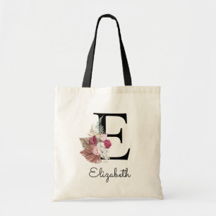 Tote Bag Fleur moderne rose initiale E Boho féminine