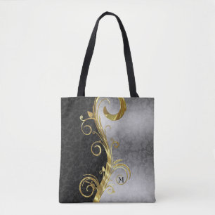 Tote Bag Fleur Noir Et Argent Damas Et Éperon Or