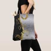 Tote Bag Fleur Noir Et Argent Damas Et Éperon Or (De près)