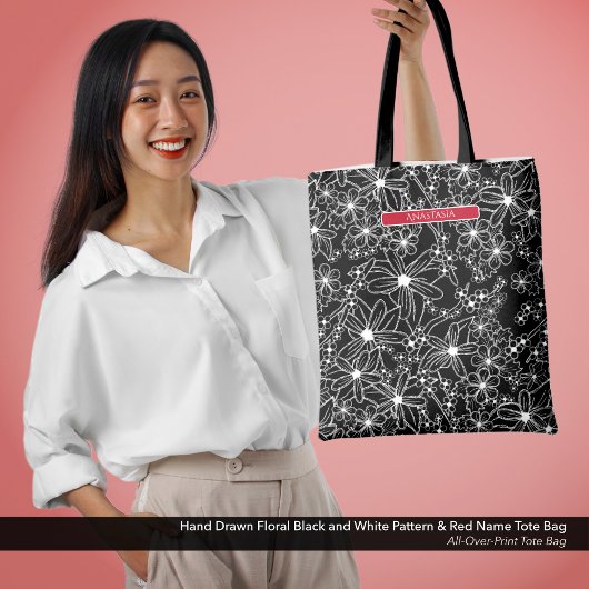 Tote Bag Fleur noire Noir Blanc Motif & Nom Rouge