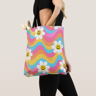 Tote Bag Fleur ondulée groovy smiley Rétro